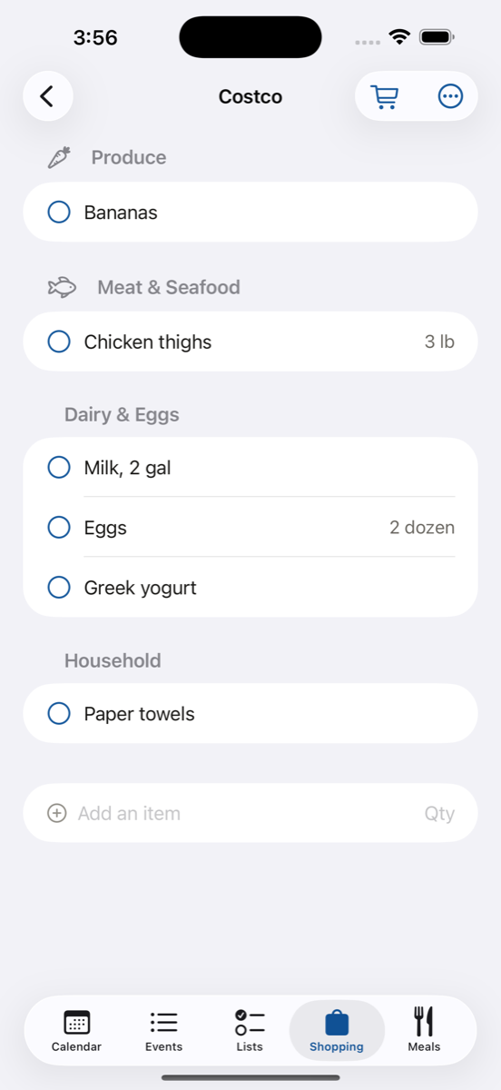 FamPlan shopping list for Costco, sorted by aisle